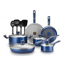 T-fal G918SE64 Initiatives Ceramic Thermo-Spot Heat Indicator Dishwasher Oven Safe Toxic Free Cookware Set, 14-Piece, Blue