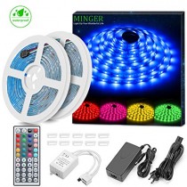 Minger LED Strip Lights Kit, Waterproof 32.8ft 5050 RGB 300led Strips Lighting Flexible Color Changing Rope Lights with 44 Key IR Remote Ideal for Room, Home, Kitchen, Party, DC 12V/3A UL Listed