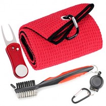 Mile High Life Microfiber Waffle Pattern Golf Towel | Club Groove Cleaner Brush | Foldable Divot Tool with Magnetic Ball Marker (Red Towel/Brush/Bone Divot)