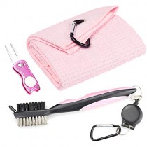 Mile High Life Microfiber Waffle Pattern Golf Towel | Club Groove Cleaner Brush | Foldable Divot Tool with Magnetic Ball Marker (Pink Towel/Brush/Fish Divot)