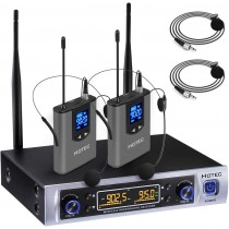 HOTEC UHF Dual Wireless Microphone System with Lapel Lavalier and Headset Microphones Over PA, Mixer, Speaker, Karaoke Machine for Church, Training, Classroom, Interview (H-K25) 