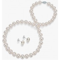 14K White Gold 10-10.5mm White Freshwater Cultured Pearl Necklace 18" and Stud Earrings Set