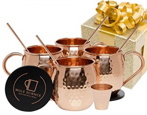 Mule Science Moscow Mule Copper Mugs - Set of 4-100% HANDCRAFTED - Pure Solid Copper Mugs 16 oz Gift Set with BONUS: Copper Cups with Cocktail Copper Straws, Coasters and Shot Glass!