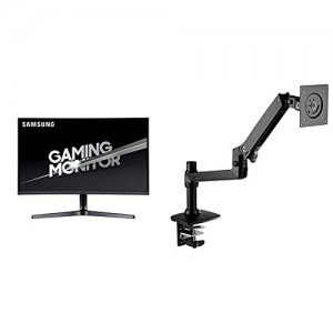 Samsung C32JG56 32-Inch QHD 144hz Monitor (LC32JG56QQNXZA) with AmazonBasics Premium Single Monitor Stand - Lift Engine Arm Mount, Aluminum - Black Bundle