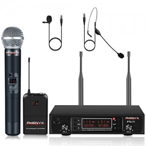 UHF Wireless Microphone System, Phenyx Pro Dual Cordless Mic Set with Handheld/Bodypack/Headset/Lapel Mics, 2x200 Channels, Long Distance Operation, Ideal for DJ, Church, Events (PTU-71B)