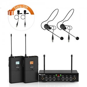 Wireless Microphone System,Fifine UHF Dual Channel Wireless Microphone Set with 2 Headsets and 2 Lapel Lavalier Microphone.Ideal for Church, Weddings,Presentations,School Play-K038