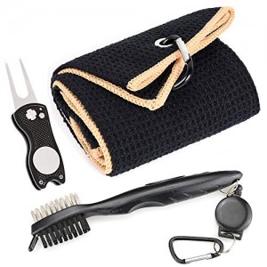 Mile High Life Microfiber Waffle Pattern Golf Towel | Club Groove Cleaner Brush | Foldable Divot Tool with Magnetic Ball Marker (Black w/Yellow Towel/Brush/Fish Divot)