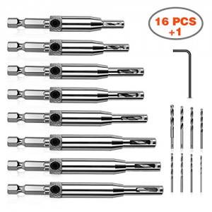 Werkzeug Self Centering Hinge Tapper Core Drill Bit Set for Woodworking, Adjustable Door Window Drill Bits with 1 Hex Key & 8 Replacement Drill Bits (5/64 - 1/4 Inches), 16 Pieces