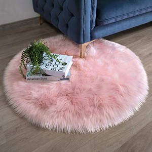 Ashler Faux Fur Pink Round Area Rug Indoor Ultra Soft Fluffy Bedroom Floor Sofa Living Room 3 x 3 Feet