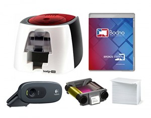 Badgy200 Color Plastic ID Card Printer with Complete Supplies Package with Bodno Bronze Edition ID Software & Camera