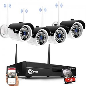 XVIM H.264 Wireless Security Cameras System, 4CH 1080P HD NVR 4pcs 720P Wireless Outdoor Indoor Waterproof Surveillance Cameras 85FT Night Vision （with 1TB HDD）