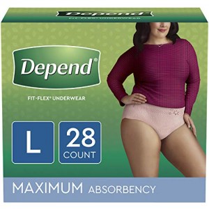Depend FIT-FLEX Incontinence Underwear for Women, Disposable, Maximum Absorbency, Large, Blush, 28 Count