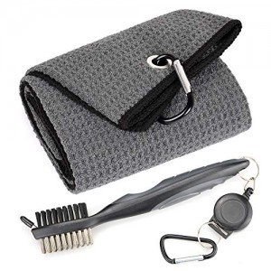 Mile High Life Microfiber Waffle Pattern Tri-fold Golf Towel | Brush Tool Kit with Club Groove Cleaner, Retractable Extension Cord and Clip (Dark Gray Towel+Gray Brush)