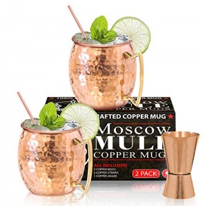 Benicci Moscow Mule Copper Mugs - Set of 2, 16 Ounce - Hammered and Handcrafted - with 2 Copper Straws and 1 Jigger