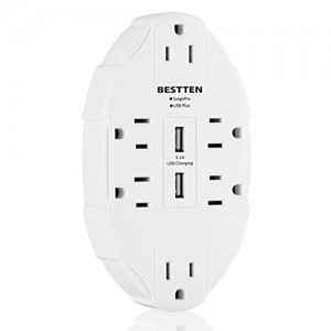 BESTTEN 6 Outlet Wall Tap Adapter with Dual USB Charging Ports (3.1 Amp in Total), Surge Protector Electrical Socket Splitter, ETL Listed, White