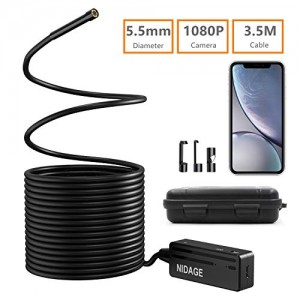 Wireless Endoscope, NIDAGE 5.5mm 2MP WiFi Borescope 1080P HD Semi-Rigid Snake Camera for iPhone Android, Tablet, Motor Engine Sewer Pipe Vehicle Inspection Camera(11.5FT)