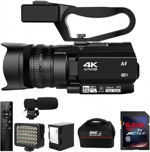 Video Camera 4K HD Auto Focus Camcorder 48MP 60FPS 30X Digital Zoom Camera for YouTube LED Function 4500mAh Battery with Handheld Stabilizer, Remote Control,Microphone and 64G SD Card, SEREE