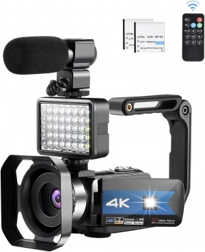 OIEXI 4K Camera for YouTube Videos HD Camcorder with LED Light Digital Vlog Camera with 16X Digital Zoom and Night Vision, Video Recorder with Microphone,(Blue,2 Batteries Included) 