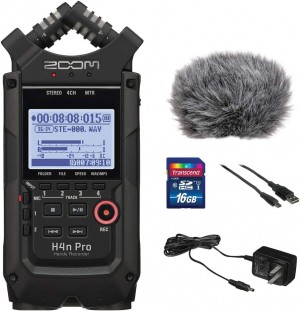 Zoom H4n Pro All Black 4-Track Portable Recorder (2020 Model) with Zoom AD-14 AC Adapter, Windbuster, 16GB Memory Card & USB Cable Bundle 