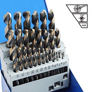 COMOWARE 29-Piece Drill Bit Set, High-Speed Steel Black and Gold Finish with 135 Degree Split Point Tip, 1/16" to 1/2" x 64ths Increments