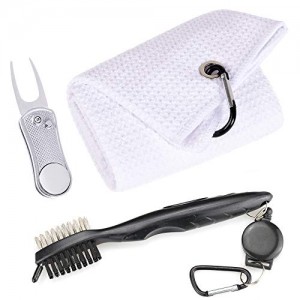 Mile High Life Microfiber Waffle Pattern Golf Towel | Club Groove Cleaner Brush | Foldable Divot Tool with Magnetic Ball Marker (White Towel/Brush/Bone Divot)