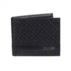 Guess Men's Leather Slim Bifold Wallet, Black/Black, One Size
