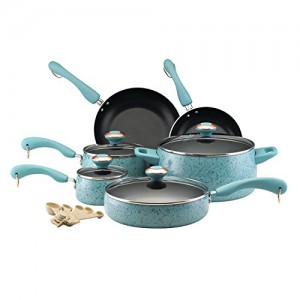 Paula Deen Signature Collection Porcelain Nonstick 15-Piece Pots and Pans Cookware Set, Aqua Speckle