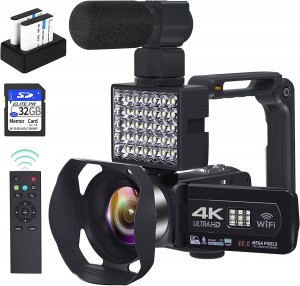 Video Camera Camcorder,4K Camcorder Vlogging Camera for YouTube with 32GB SD Card 2 Fill Lights Microphone WiFi UHD 48MP 60FPS Remote 18X Zoom 3.0" Rotatable Touch Screen, VETEK