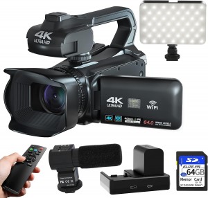 WIKICO 4K Video Camera Camcorder 64MP Auto Focus Vlogging Camera for YouTube with WiFi, Microphone, 4.0" Touch Screen, Handle, Two-Color Fill Light and 64GB SD Card 