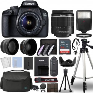 Canon EOS 4000D / Rebel T100 Digital SLR Camera Body w/Canon EF-S 18-55mm f/3.5-5.6 Lens 3 DSLR Kit Bundled with Complete Accessory Bundle + 64GB Flash & More - International Model (Renewed), Black 