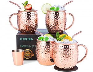 Moscow Mule Copper Mugs, esonmus Set of 4 Handcrafted Copper Mugs for Moscow Mule Cocktail, Food Safe Mule Mugs 16 oz Gift Set with Bonus 1 Jigger 4 Straws 4 Coasters
