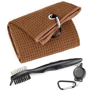Mile High Life Microfiber Waffle Pattern Tri-fold Golf Towel | Brush Tool Kit with Club Groove Cleaner, Retractable Extension Cord and Clip (Brown Towel+Black Brush)