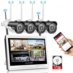 XVIM 12" Monitor Wireless Security Camera System with 1TB Hard Drive for Home, 4pcs 2.0MP Outdoor Waterproof IP Cameras, 4 Channel HD 1080P WiFi Video Surveillance Cameras DVR Kits,Easy Remote View