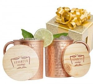 Advanced Mixology Moscow Mule Copper Mugs - Set of 2-100% HANDCRAFTED - Pure Solid Copper Mugs 16 oz Gift Set with BONUS: Artisan Wooden Coasters, Cocktail Copper Straws, and Shot Glass!