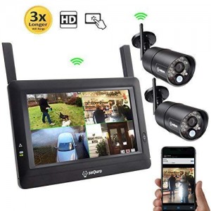 Sequro GuardPro DIY Long Range Wireless Video Surveillance System 7" Touchscreen Monitor 2 Outdoor/Indoor Night Vision IP66 Weatherproof HD Network DVR Home Security IP Cameras Smartphone Access