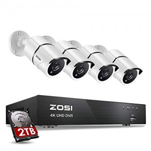 ZOSI 4K Ultra HD Security Cameras System, 8 Channel H.265+ 4K (3840x2160) Video DVR with 2TB Hard Drive and 4 x 4K (8MP) Ip67 Bullet Weatherproof Surveillance Cameras