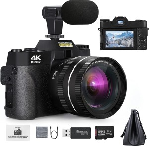 Digital Camera 4K Camcorder 48MP 3.0" IPS Flip Screen Video Camera 16X Digital Zoom Vlogging Camera for YouTube, Compact Camera with 32GB SD Card and Wide Angle Lens Macro Lens 