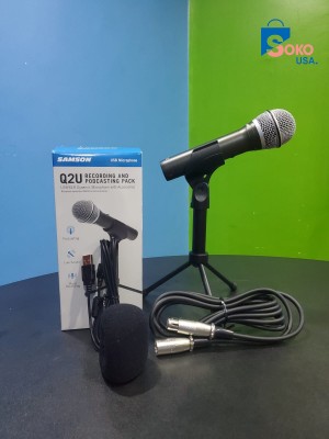 Samson Technologies Q2U USB/XLR Dynamic Microphone Recording and Podcasting Pack (Includes Mic Clip, Desktop Stand, Windscreen and Cables), silver